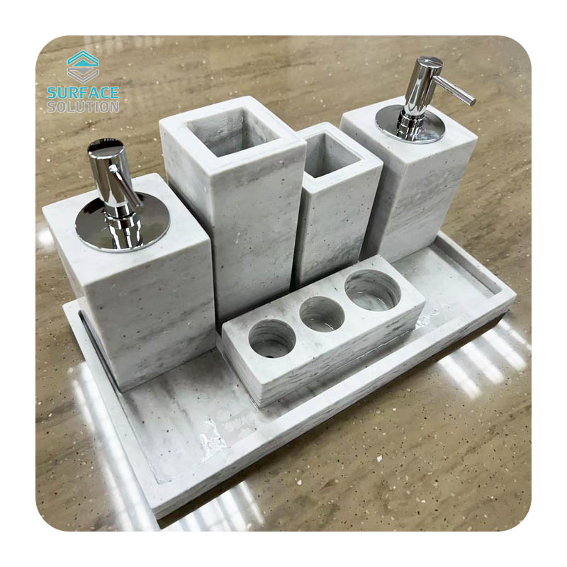 High End Custom Acrylic Solid Surface Artificial Stone Hotel Amenities Set- Tissue Box, Soap Dish, Shower Gel Bottle & More (7-Piece Collection) High End Custom Acrylic Solid Surface Artificial Stone Hotel Amenities Set- Tissue Box, Soap Dish, Shower Gel Bottle & More (7-Piece Collection)