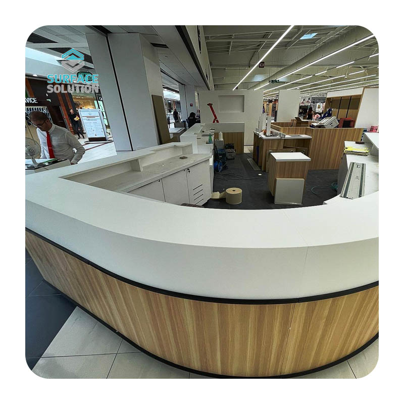 Artificial Stone Acrylic Solid Surface L Shaped Front Reception Desks for Dental Clinic Hotel Hair Salon Bank Artificial Stone Acrylic Solid Surface L Shaped Front Reception Desks for Dental Clinic Hotel Hair Salon Bank