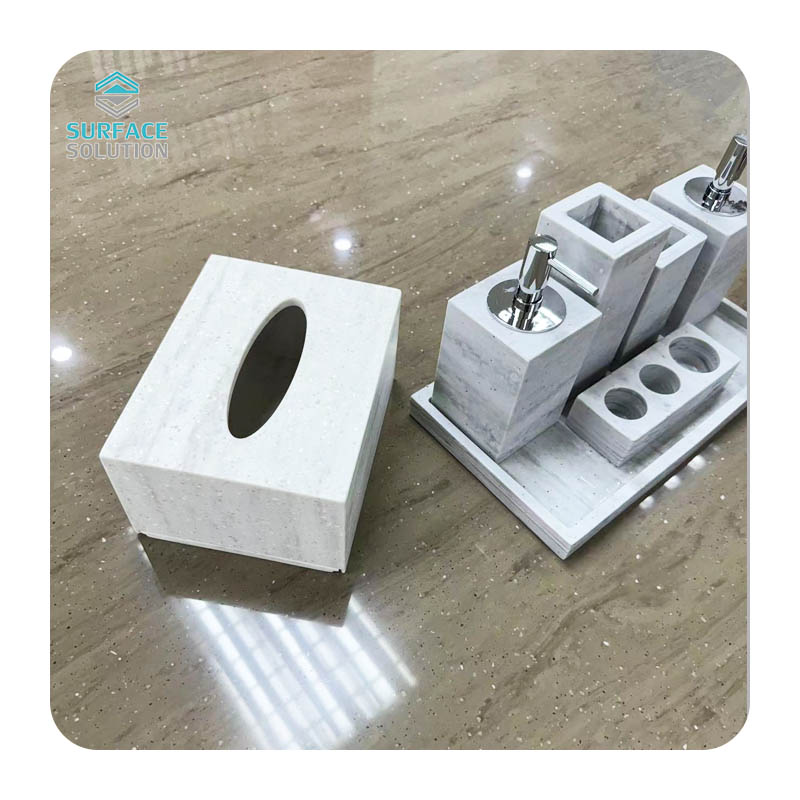 High End Custom Acrylic Solid Surface Artificial Stone Hotel Amenities Set- Tissue Box, Soap Dish, Shower Gel Bottle & More (7-Piece Collection) High End Custom Acrylic Solid Surface Artificial Stone Hotel Amenities Set- Tissue Box, Soap Dish, Shower Gel Bottle & More (7-Piece Collection)