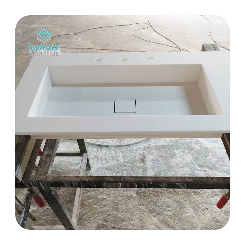 Customized Acrylic Solid Surface Commercial Single Sink White Splicing Bathroom Sinks & Basins 