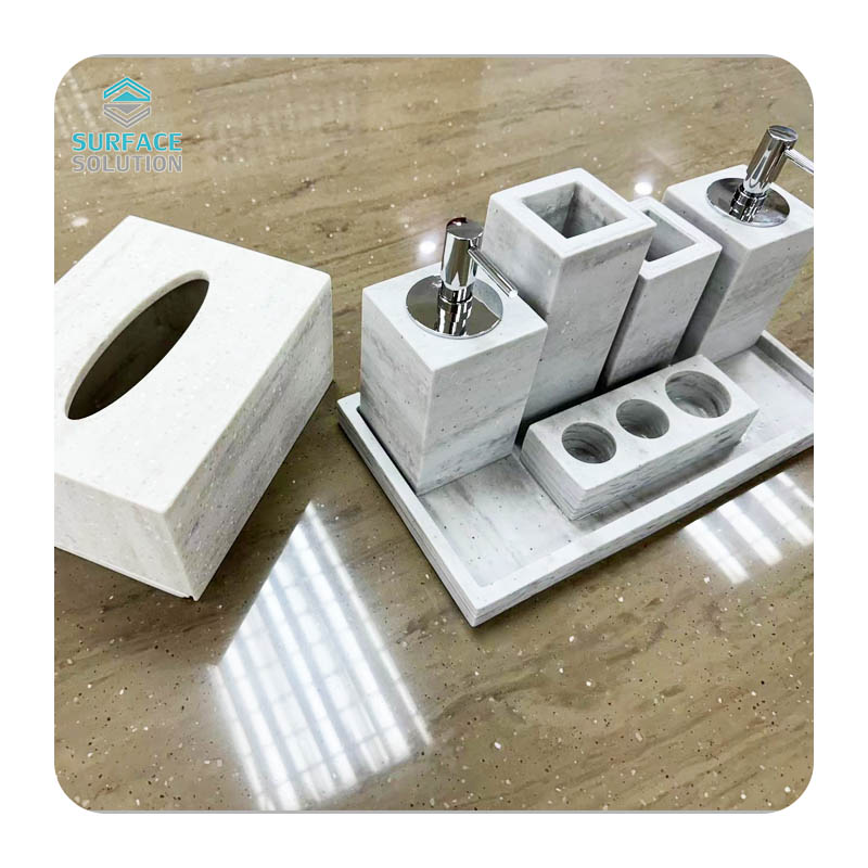 High End Custom Acrylic Solid Surface Artificial Stone Hotel Amenities Set- Tissue Box, Soap Dish, Shower Gel Bottle & More (7-Piece Collection)