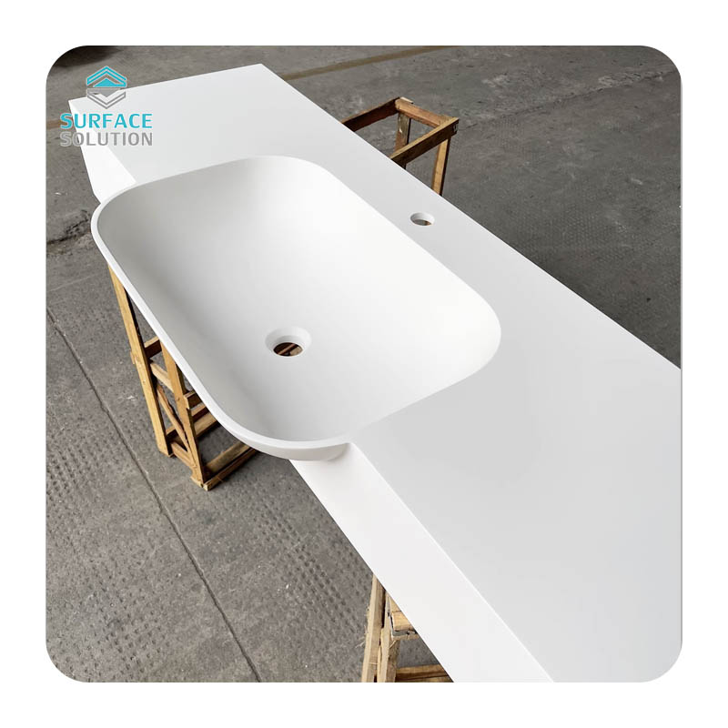 Manufacturer Customized Size Solid Surface Acrylic White Vanity Countertop with Integrated Sink